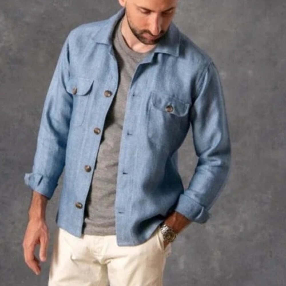 Proper Cloth Sky Blue Herringbone Linen Overshirt Size S